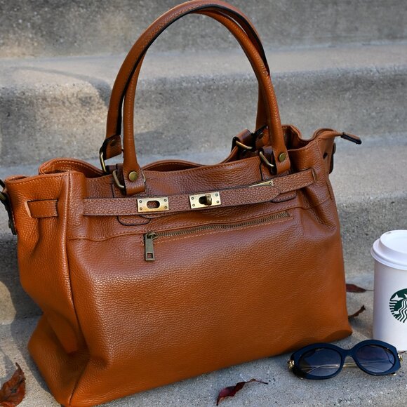 Leather Bag with Top Handle and Long Strap - Picture 1 of 12